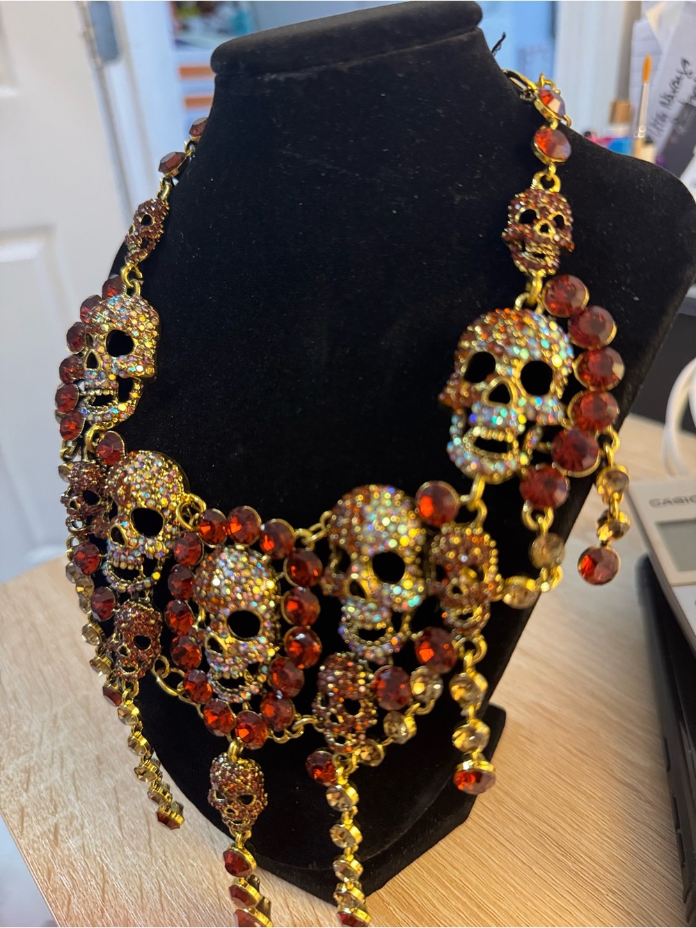 Natasha Couture Gold-Tone Skull Statement Necklace with Amber Crystals - Picture 3 of 5